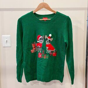 Holiday Lane - Xmas Sweater - Dogs w/ Presents Sequin Design - Green - Size: PL